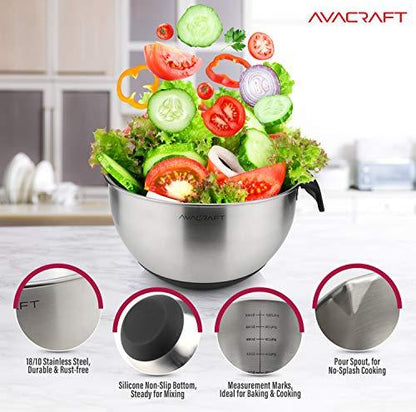AVACRAFT 18/10 Stainless Steel Mixing Bowls with Lids, non slip silicone base bowls with Handle, Mixing Bowl Set with Pour Spouts & Measurement Marks, Home Essentials Cooking Bowls, (Black) - CookCave