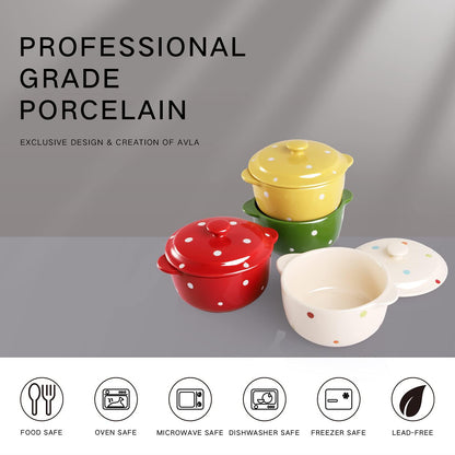 AVLA 4 Pack Porcelain Ramekins with Lid and Handle, 9 OZ , Ceramic Souffle Soup Creme Brulee Bowls, Oven Safe, Mini Casserole Dish (Polka Dot, Assorted Color) - CookCave
