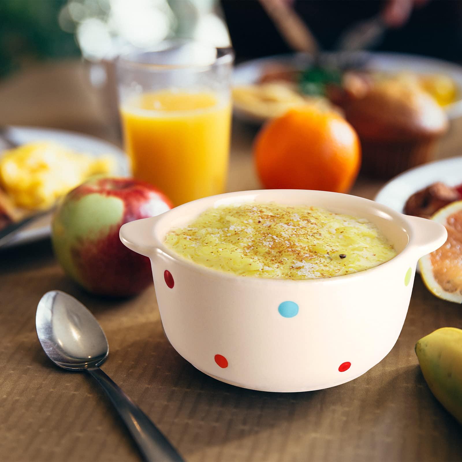 AVLA 4 Pack Porcelain Ramekins with Lid and Handle, 9 OZ , Ceramic Souffle Soup Creme Brulee Bowls, Oven Safe, Mini Casserole Dish (Polka Dot, Assorted Color) - CookCave