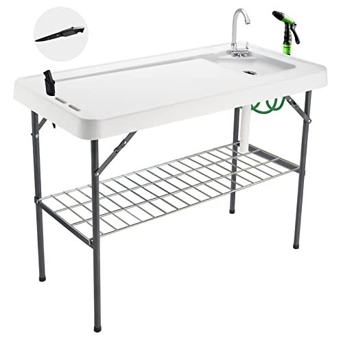 Avocahom Folding Fish Cleaning Table Portable Camping Sink with Faucet Drainage Hose & Sprayer Outdoor Fillet Station Grid Rack Knife Groove for Picnic Fishing, Black - CookCave