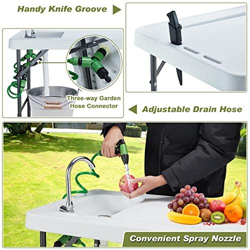 Avocahom Folding Fish Cleaning Table Portable Camping Sink with Faucet Drainage Hose & Sprayer Outdoor Fillet Station Grid Rack Knife Groove for Picnic Fishing, Black - CookCave