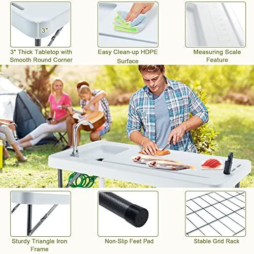 Avocahom Folding Fish Cleaning Table Portable Camping Sink with Faucet Drainage Hose & Sprayer Outdoor Fillet Station Grid Rack Knife Groove for Picnic Fishing, Black - CookCave