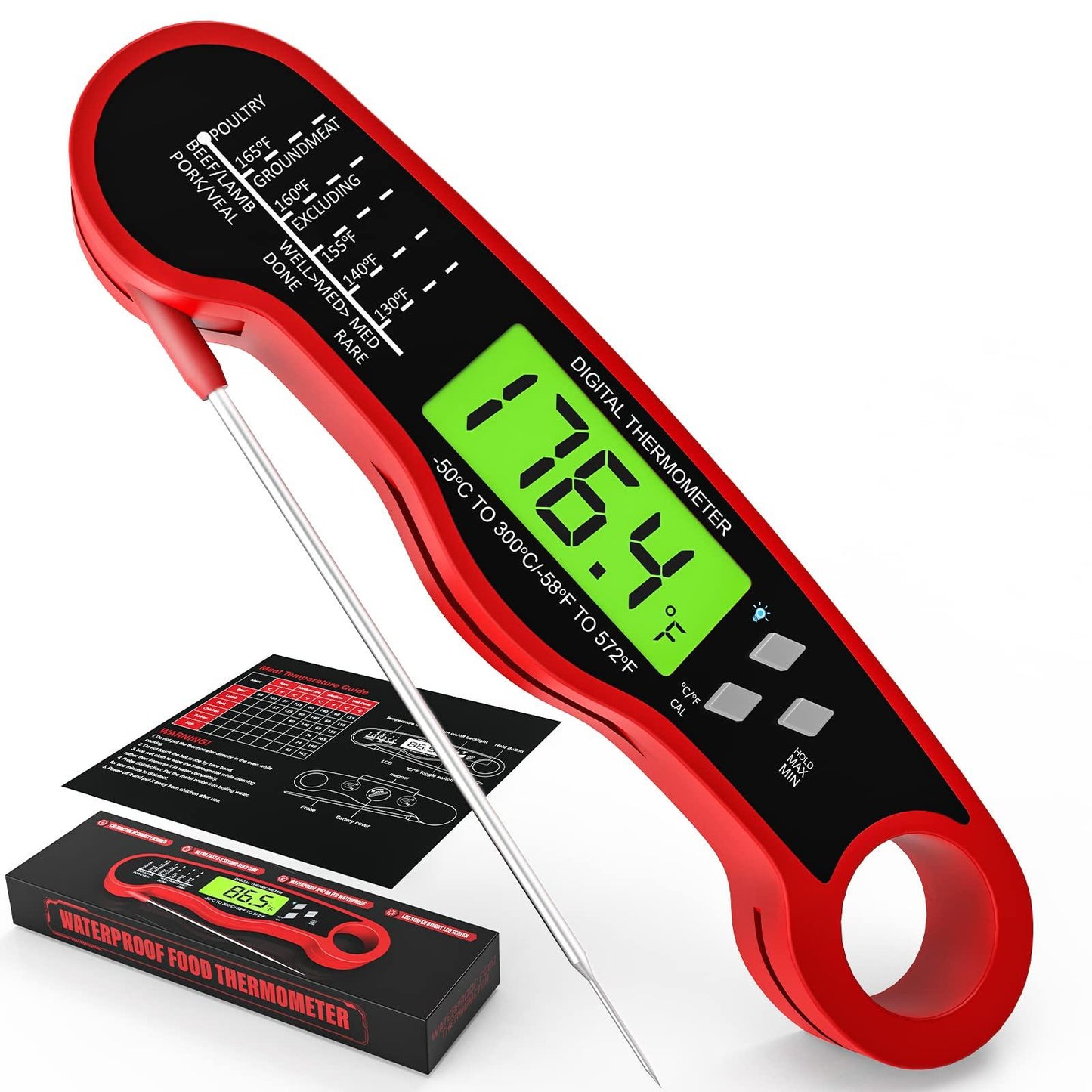 AWLKIM Meat Thermometer Digital - Fast Instant Read Food Thermometer for Cooking, Candy Making, Outside Grill, Waterproof Kitchen Thermometer with Backlight & Hold Function - Red - CookCave