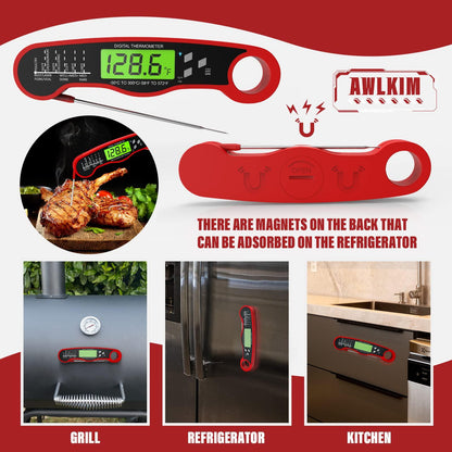 AWLKIM Meat Thermometer Digital - Fast Instant Read Food Thermometer for Cooking, Candy Making, Outside Grill, Waterproof Kitchen Thermometer with Backlight & Hold Function - Red - CookCave