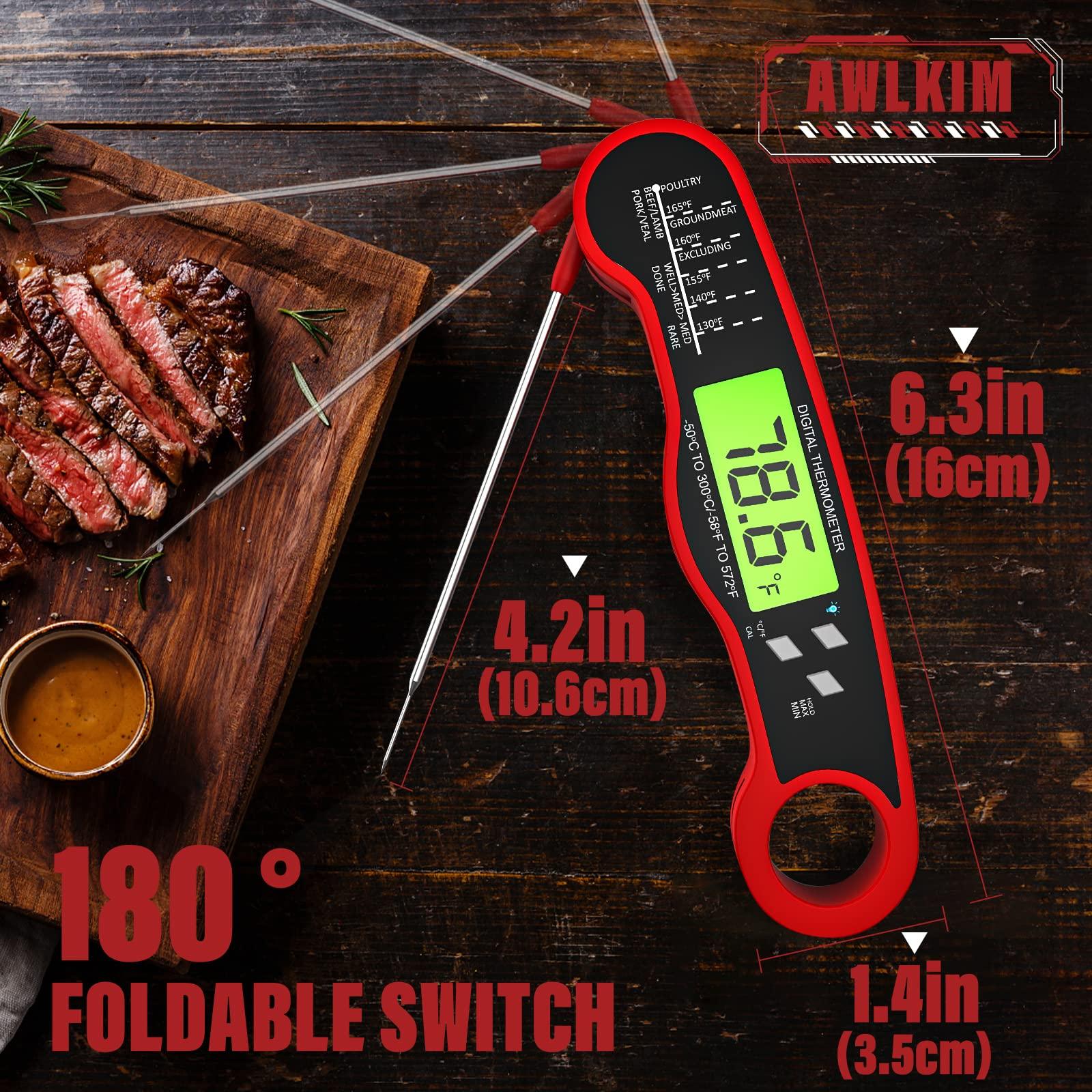 AWLKIM Meat Thermometer Digital - Fast Instant Read Food Thermometer for Cooking, Candy Making, Outside Grill, Waterproof Kitchen Thermometer with Backlight & Hold Function - Red - CookCave