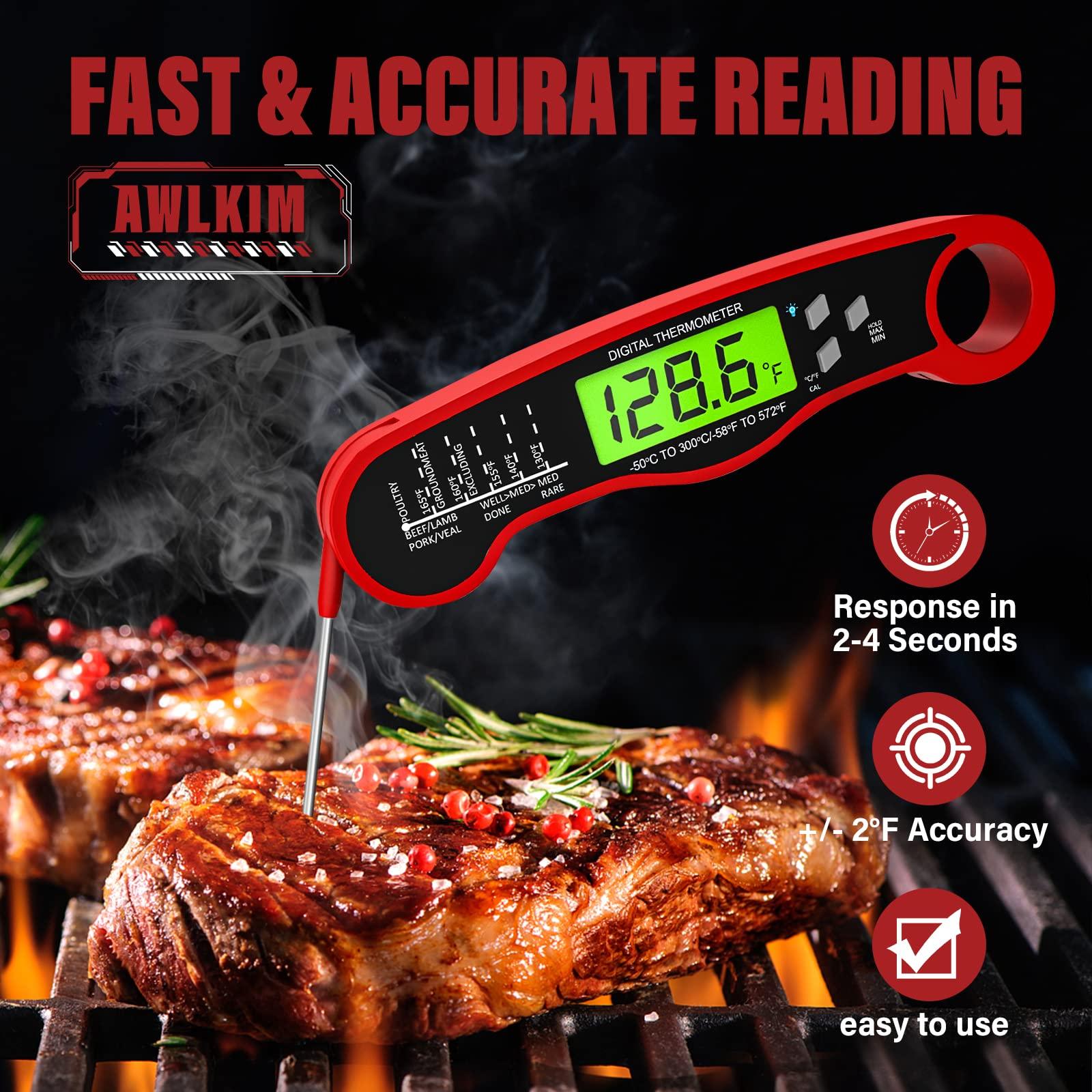 AWLKIM Meat Thermometer Digital - Fast Instant Read Food Thermometer for Cooking, Candy Making, Outside Grill, Waterproof Kitchen Thermometer with Backlight & Hold Function - Red - CookCave