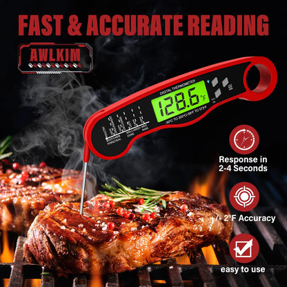 AWLKIM Meat Thermometer Digital - Fast Instant Read Food Thermometer for Cooking, Candy Making, Outside Grill, Waterproof Kitchen Thermometer with Backlight & Hold Function - Red - CookCave