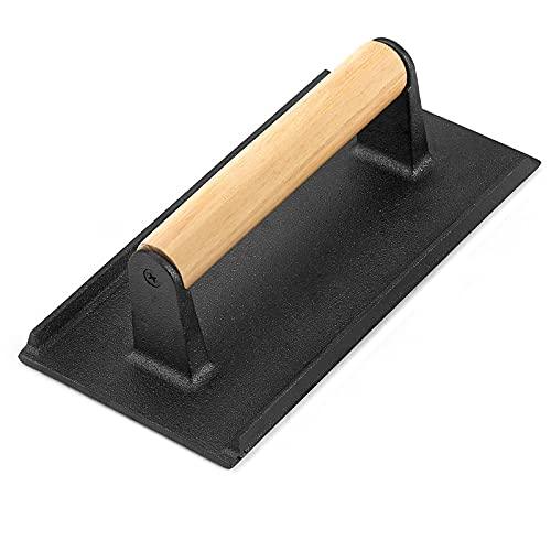 Bacon Hamburger Press for Griddle Flat Top Teppanyaki, HaSteeL Pre Seasoned 8 x 4In Cast Iron Grill Weight with Wooden Handle, Perfect for BBQ Steaks Pannis Sandwiches Meats - 1Pk - CookCave