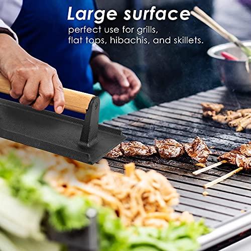 Bacon Hamburger Press for Griddle Flat Top Teppanyaki, HaSteeL Pre Seasoned 8 x 4In Cast Iron Grill Weight with Wooden Handle, Perfect for BBQ Steaks Pannis Sandwiches Meats - 1Pk - CookCave