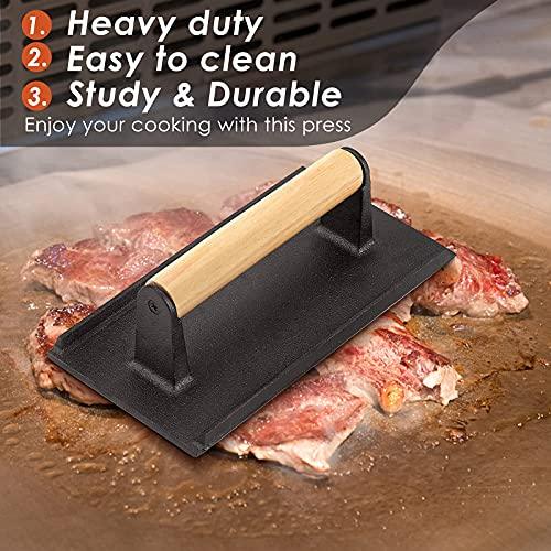 Bacon Hamburger Press for Griddle Flat Top Teppanyaki, HaSteeL Pre Seasoned 8 x 4In Cast Iron Grill Weight with Wooden Handle, Perfect for BBQ Steaks Pannis Sandwiches Meats - 1Pk - CookCave