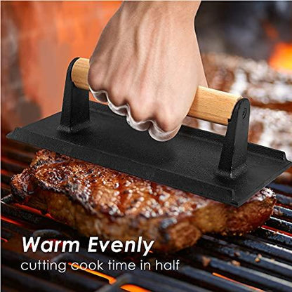 Bacon Hamburger Press for Griddle Flat Top Teppanyaki, HaSteeL Pre Seasoned 8 x 4In Cast Iron Grill Weight with Wooden Handle, Perfect for BBQ Steaks Pannis Sandwiches Meats - 1Pk - CookCave