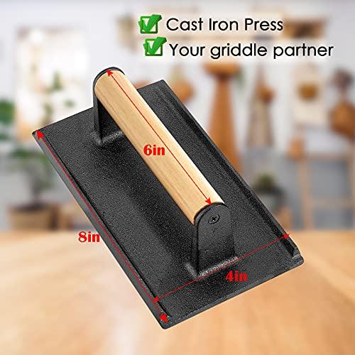 Bacon Hamburger Press for Griddle Flat Top Teppanyaki, HaSteeL Pre Seasoned 8 x 4In Cast Iron Grill Weight with Wooden Handle, Perfect for BBQ Steaks Pannis Sandwiches Meats - 1Pk - CookCave