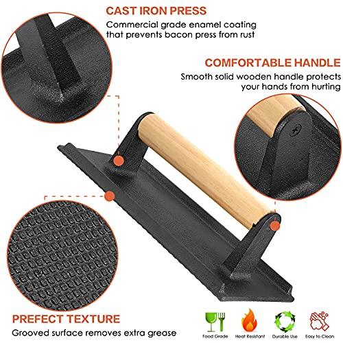 Bacon Hamburger Press for Griddle Flat Top Teppanyaki, HaSteeL Pre Seasoned 8 x 4In Cast Iron Grill Weight with Wooden Handle, Perfect for BBQ Steaks Pannis Sandwiches Meats - 1Pk - CookCave