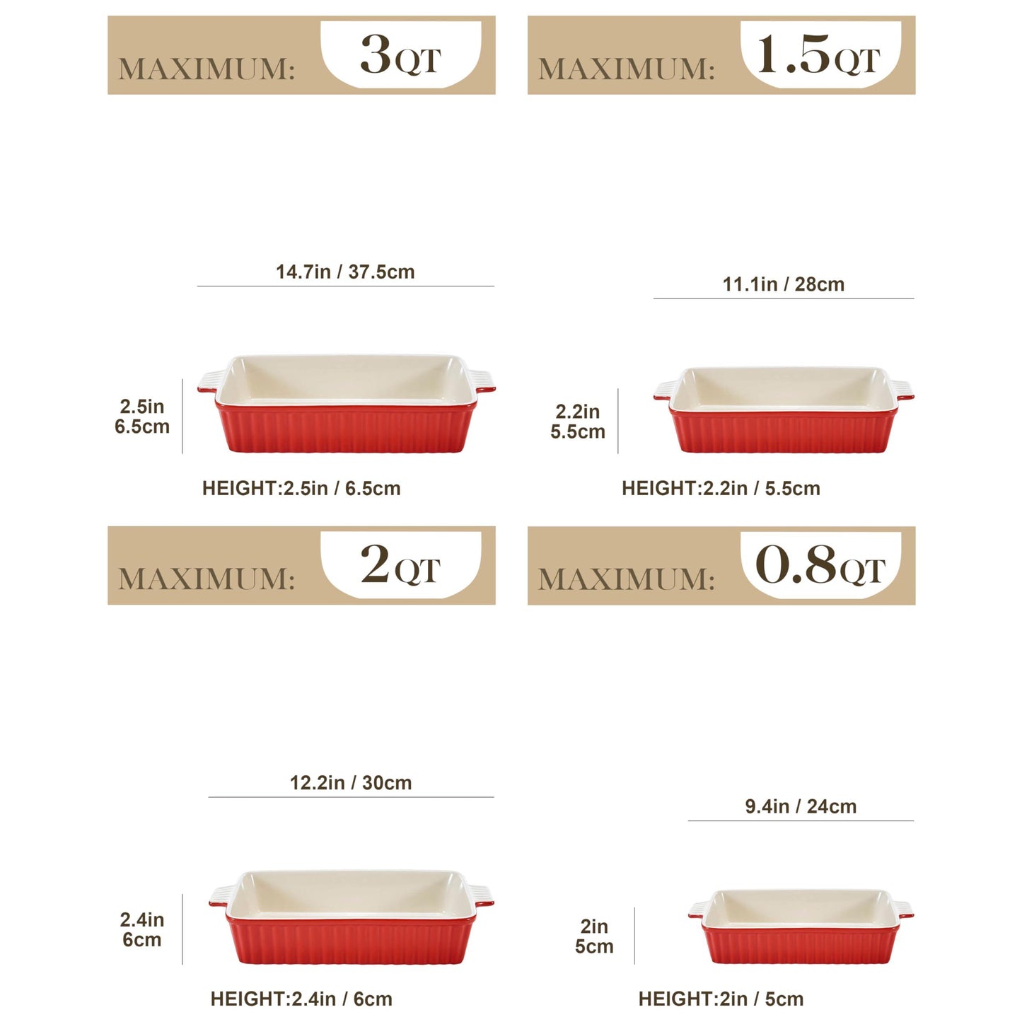 Bakeware Set of 4, MALACASA Porcelain Baking Pans Set for Oven, Casserole Dish, Ceramic Rectangular Baking Dish Lasagna Pans for Cooking Cake Pie Dinner Kitchen, Red (9.5"/11.25"/12.75"/14.5") - CookCave