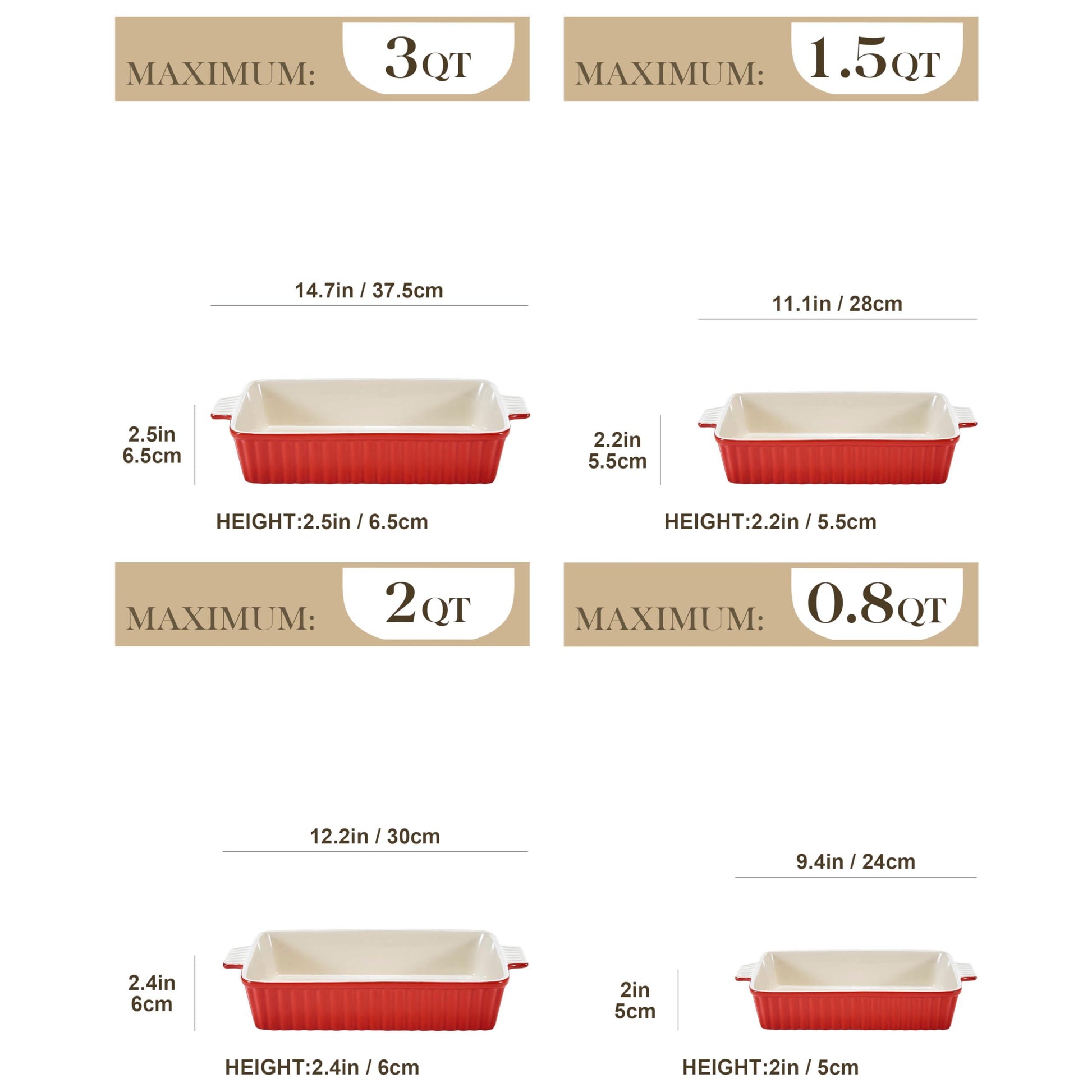 Bakeware Set of 4, MALACASA Porcelain Baking Pans Set for Oven, Casserole Dish, Ceramic Rectangular Baking Dish Lasagna Pans for Cooking Cake Pie Dinner Kitchen, Red (9.5"/11.25"/12.75"/14.5") - CookCave