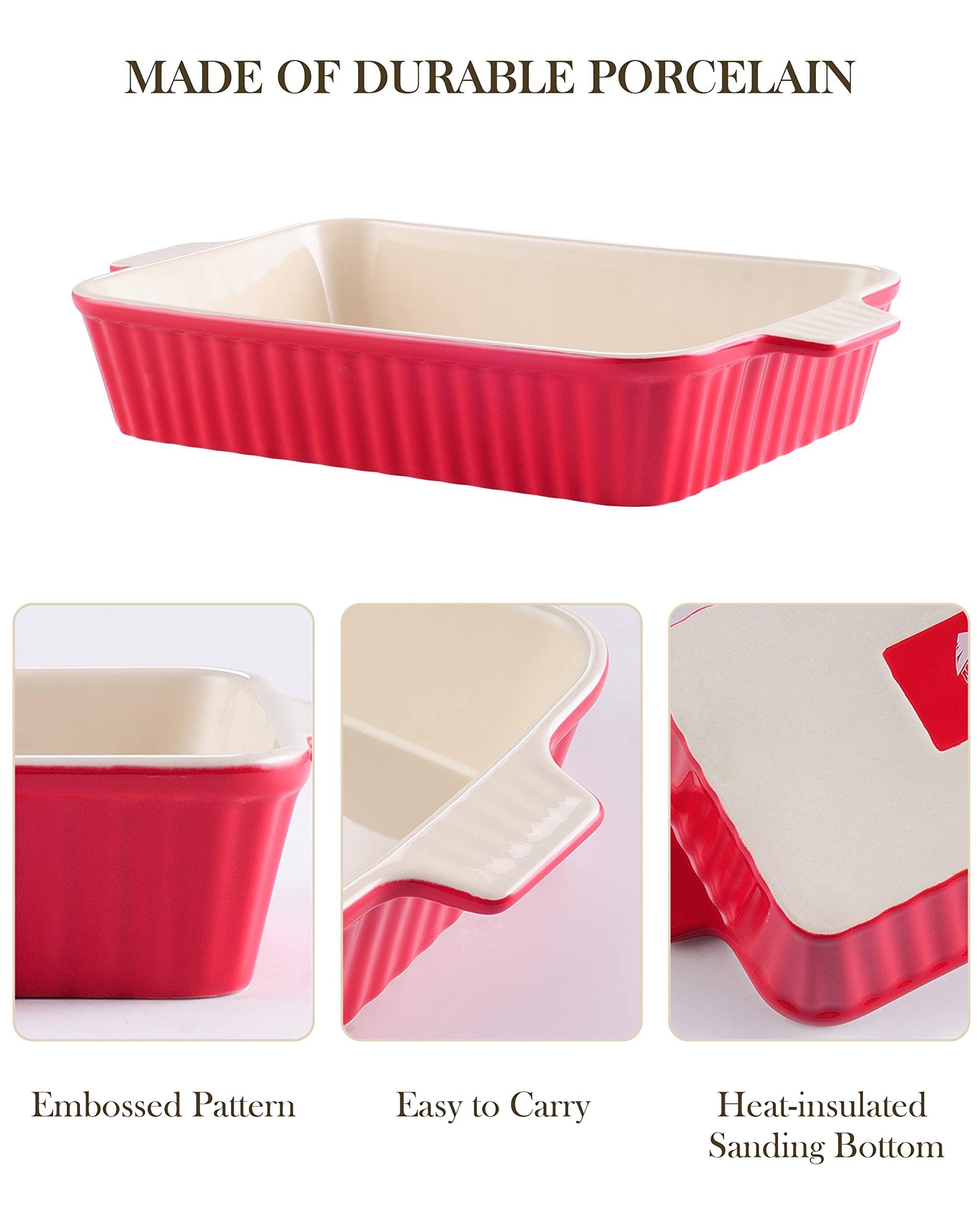 Bakeware Set of 4, MALACASA Porcelain Baking Pans Set for Oven, Casserole Dish, Ceramic Rectangular Baking Dish Lasagna Pans for Cooking Cake Pie Dinner Kitchen, Red (9.5"/11.25"/12.75"/14.5") - CookCave