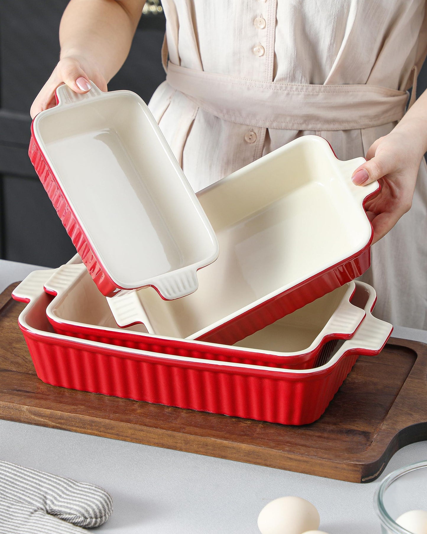 Bakeware Set of 4, MALACASA Porcelain Baking Pans Set for Oven, Casserole Dish, Ceramic Rectangular Baking Dish Lasagna Pans for Cooking Cake Pie Dinner Kitchen, Red (9.5"/11.25"/12.75"/14.5") - CookCave