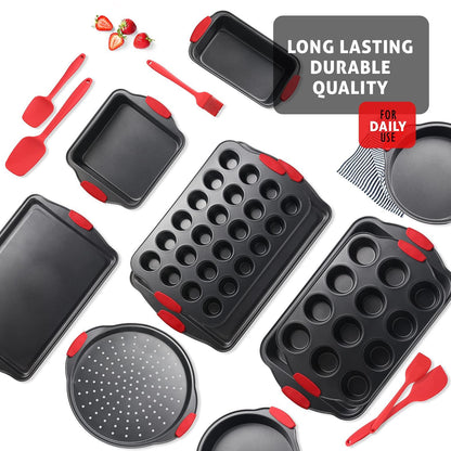 Baking Pan Set, 15 Piece Premium Nonstick Bakeware Sets BPA Free, Cookie Sheets Nonstick Steel Baking Sheets for Oven with Muffin Pan, Cake Pan & Kitchen Utensils - Black - CookCave