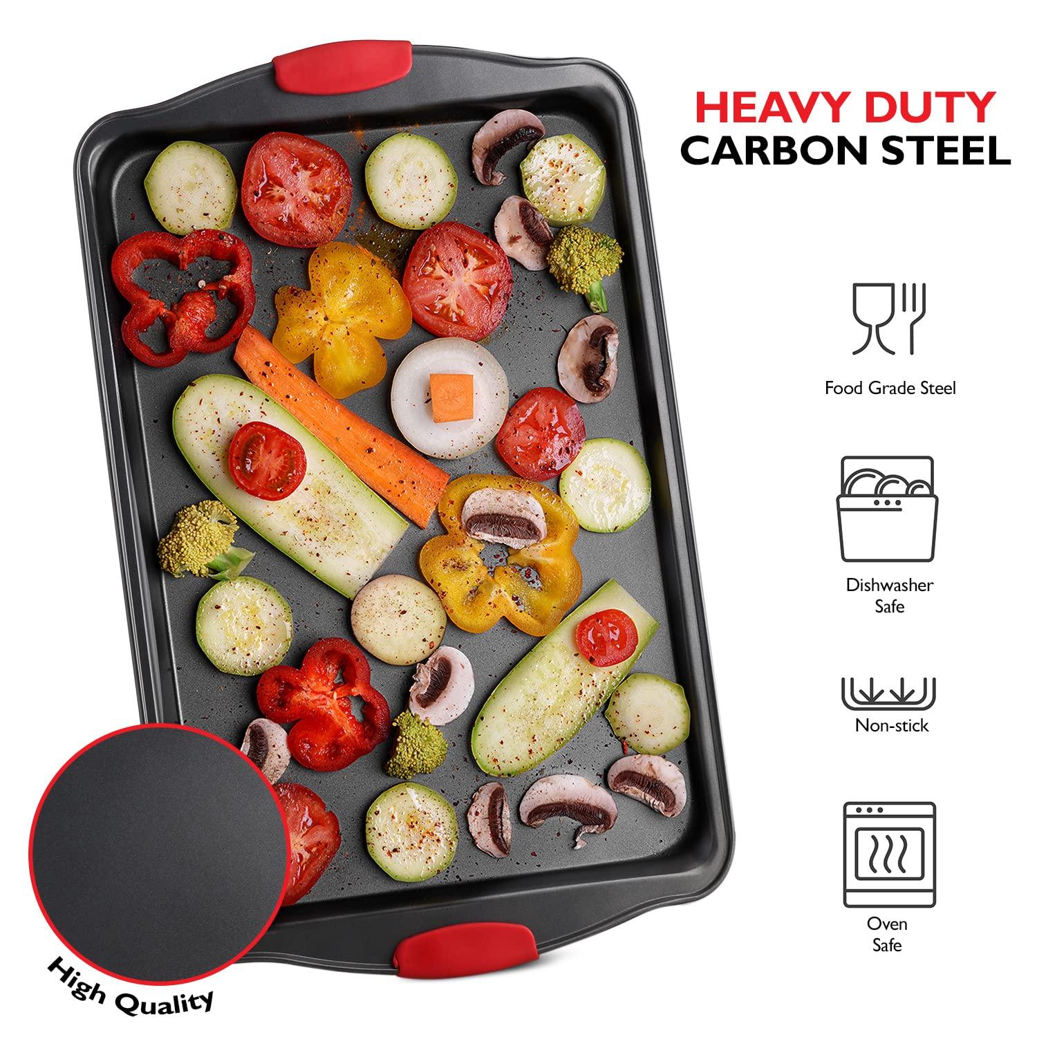 Baking Sheet Set, 3-Piece Cookie Sheet Set with Silicone Handles, Steel Baking Pans Set, Durable Baking Sheets for Oven, BPA Free Cookie Sheets for Baking Nonstick Set, Sheet Pan - Black Baking Pan - CookCave