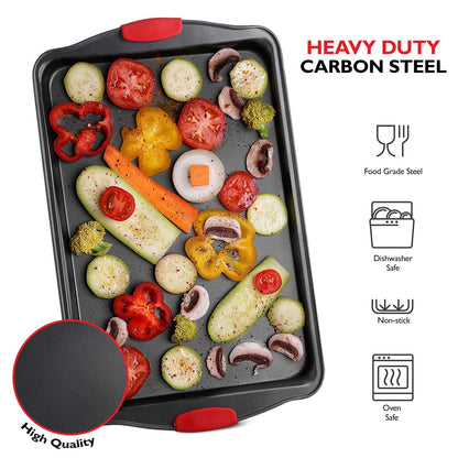 Baking Sheet Set, 3-Piece Cookie Sheet Set with Silicone Handles, Steel Baking Pans Set, Durable Baking Sheets for Oven, BPA Free Cookie Sheets for Baking Nonstick Set, Sheet Pan - Black Baking Pan - CookCave