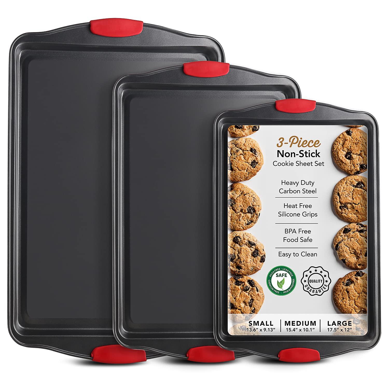 Baking Sheet Set, 3-Piece Cookie Sheet Set with Silicone Handles, Steel Baking Pans Set, Durable Baking Sheets for Oven, BPA Free Cookie Sheets for Baking Nonstick Set, Sheet Pan - Black Baking Pan - CookCave