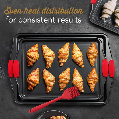 Baking Sheet Set, 3-Piece Cookie Sheet Set with Silicone Handles, Steel Baking Pans Set, Durable Baking Sheets for Oven, BPA Free Cookie Sheets for Baking Nonstick Set, Sheet Pan - Black Baking Pan - CookCave