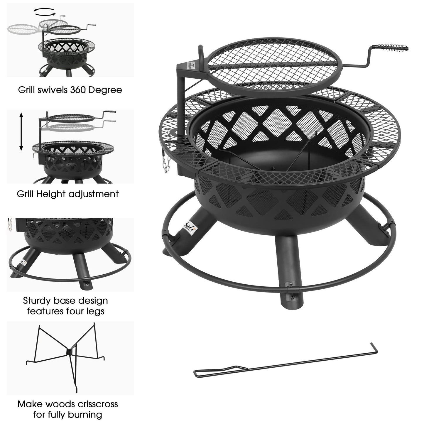 BALI OUTDOORS Wood Burning Fire Pit with Quick Removable Cooking Grill, Black, 32in - CookCave