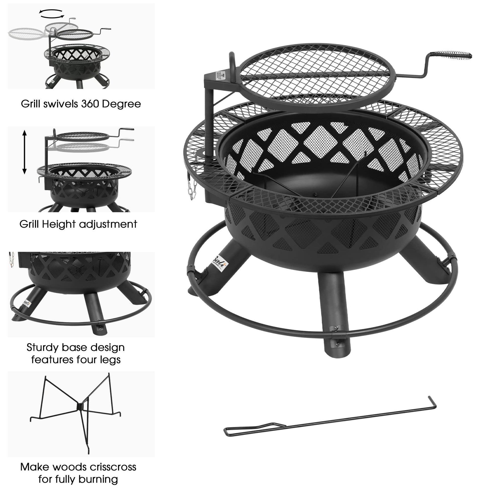 BALI OUTDOORS Wood Burning Fire Pit with Quick Removable Cooking Grill, Black, 32in - CookCave