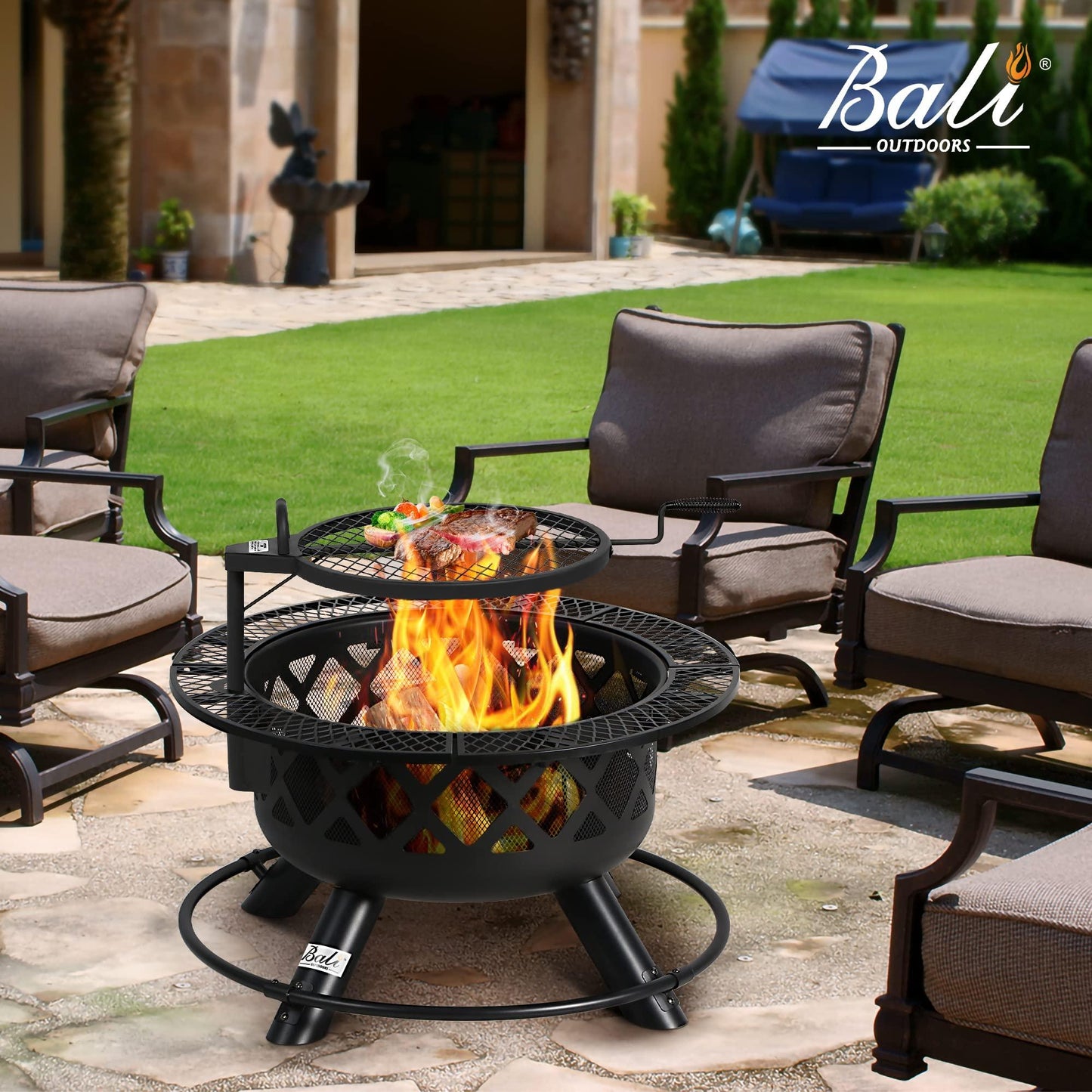 BALI OUTDOORS Wood Burning Fire Pit with Quick Removable Cooking Grill, Black, 32in - CookCave