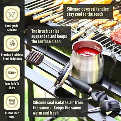 BBQ Basting Pot with 3 Basting Brushes Set,Airtight Stainless Steel Barbecue Sauce Pot,Silicone BBQ Brushes for Sauce,BBQ Grilling Gifts for Men Dad,BBQ Gadgets Grill Accessories,32oz Large Capacity - CookCave