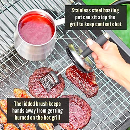 BBQ Basting Pot with 3 Basting Brushes Set,Airtight Stainless Steel Barbecue Sauce Pot,Silicone BBQ Brushes for Sauce,BBQ Grilling Gifts for Men Dad,BBQ Gadgets Grill Accessories,32oz Large Capacity - CookCave