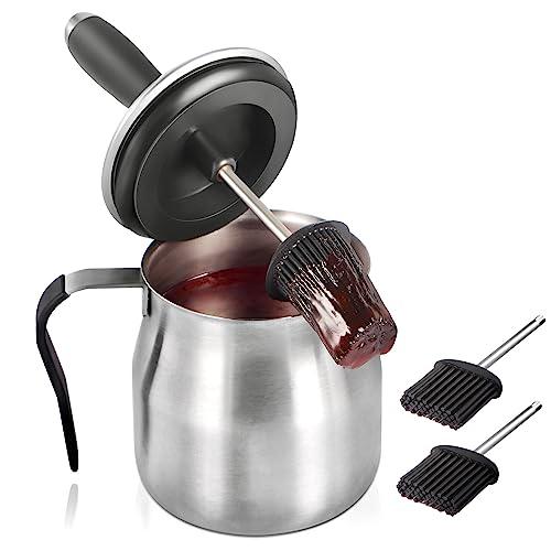 BBQ Basting Pot with 3 Basting Brushes Set,Airtight Stainless Steel Barbecue Sauce Pot,Silicone BBQ Brushes for Sauce,BBQ Grilling Gifts for Men Dad,BBQ Gadgets Grill Accessories,32oz Large Capacity - CookCave