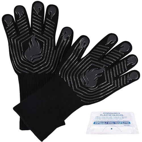 BBQ Gloves, 1472°F Heat Resistant Fireproof Mitts, Silicone Non-Slip Washable Oven Kitchen Gloves for Barbecue, Grilling, Cooking, Baking, Camping, Smoker (Black) - CookCave