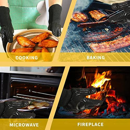 BBQ Gloves, 1472°F Heat Resistant Fireproof Mitts, Silicone Non-Slip Washable Oven Kitchen Gloves for Barbecue, Grilling, Cooking, Baking, Camping, Smoker (Black) - CookCave