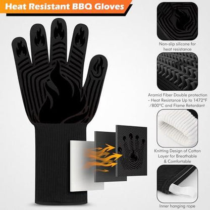 BBQ Gloves, 1472°F Heat Resistant Fireproof Mitts, Silicone Non-Slip Washable Oven Kitchen Gloves for Barbecue, Grilling, Cooking, Baking, Camping, Smoker (Black) - CookCave
