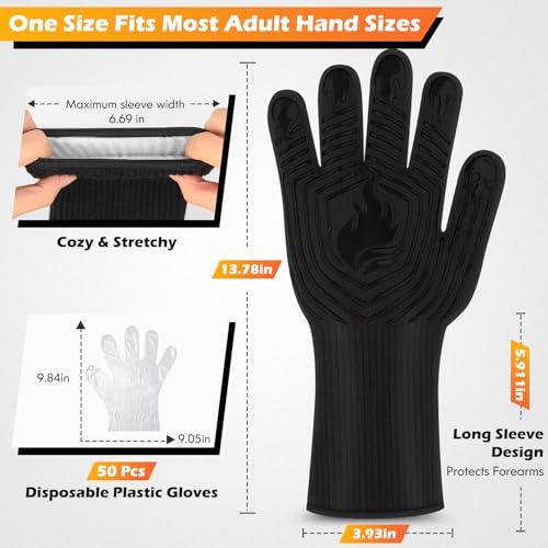 BBQ Gloves, 1472°F Heat Resistant Fireproof Mitts, Silicone Non-Slip Washable Oven Kitchen Gloves for Barbecue, Grilling, Cooking, Baking, Camping, Smoker (Black) - CookCave