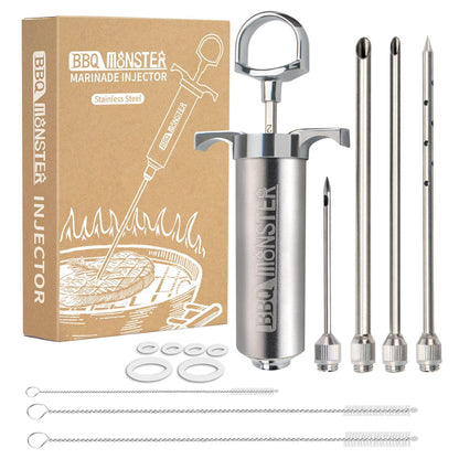 BBQ Monster Meat Injector Syringe Kit with 4 Professional Marinade Injector Needles for BBQ Grill Smoker, Turkey and Brisket; 2-oz Large Capacity, Including Paper User Manual, Recipe E-Book (PDF) - CookCave