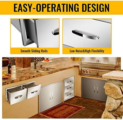 BBQ Outdoor Kitchen Drawers Stainless Steel 3-Drawer BBQ Drawer Enclosed Built-in Drawer Flush Mount for Outdoor Kitchens & BBQ Islands,30Wx20Dx10H - CookCave