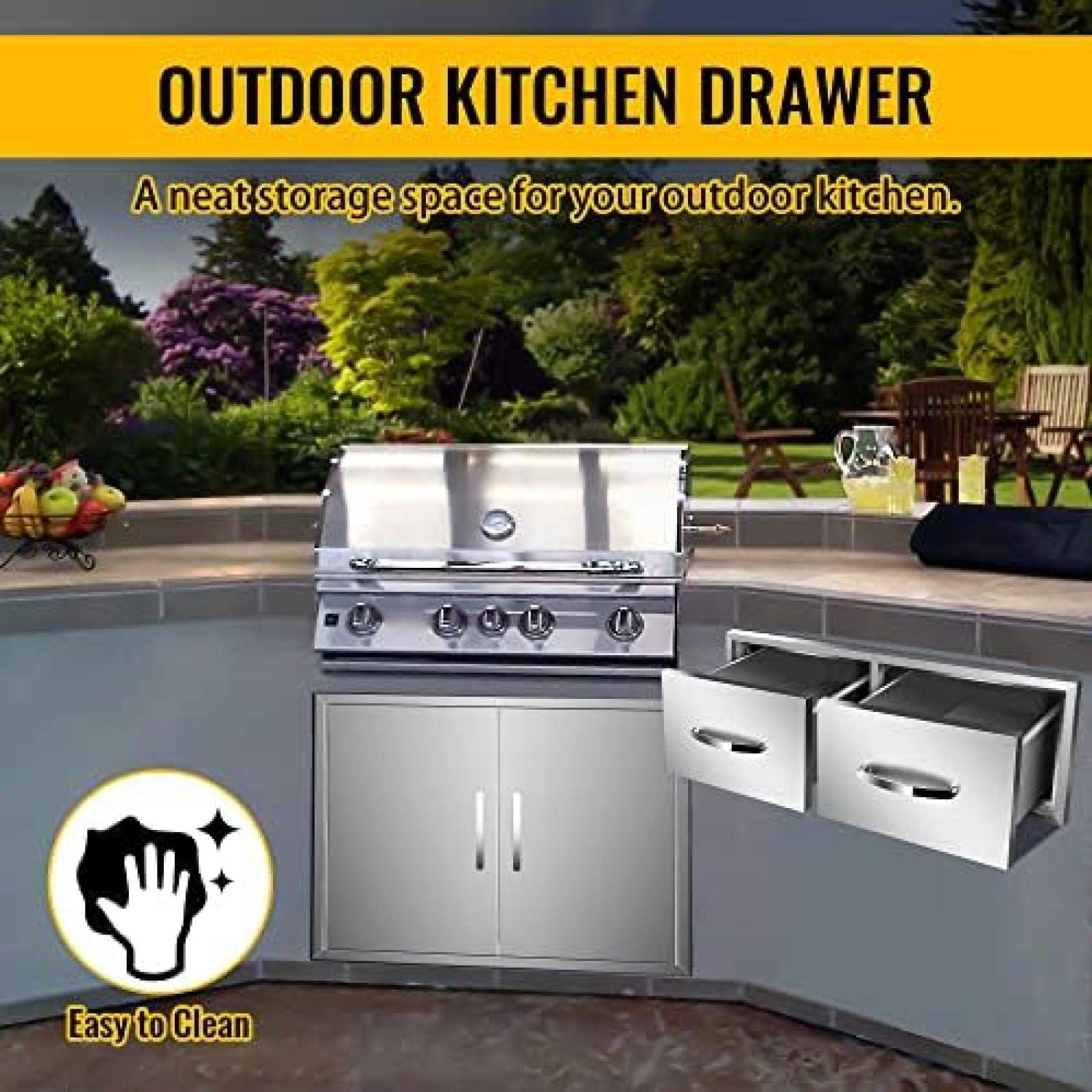 BBQ Outdoor Kitchen Drawers Stainless Steel 3-Drawer BBQ Drawer Enclosed Built-in Drawer Flush Mount for Outdoor Kitchens & BBQ Islands,30Wx20Dx10H - CookCave