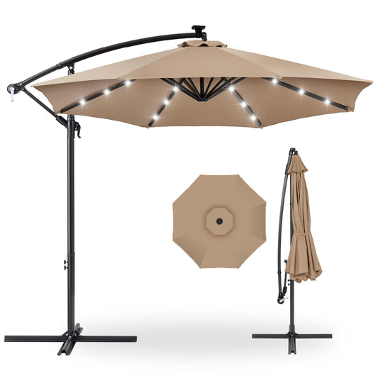 Best Choice Products 10ft Solar LED Offset Hanging Market Patio Umbrella for Backyard, Poolside, Lawn and Garden w/Easy Tilt Adjustment, Polyester Shade, 8 Ribs - Tan - CookCave