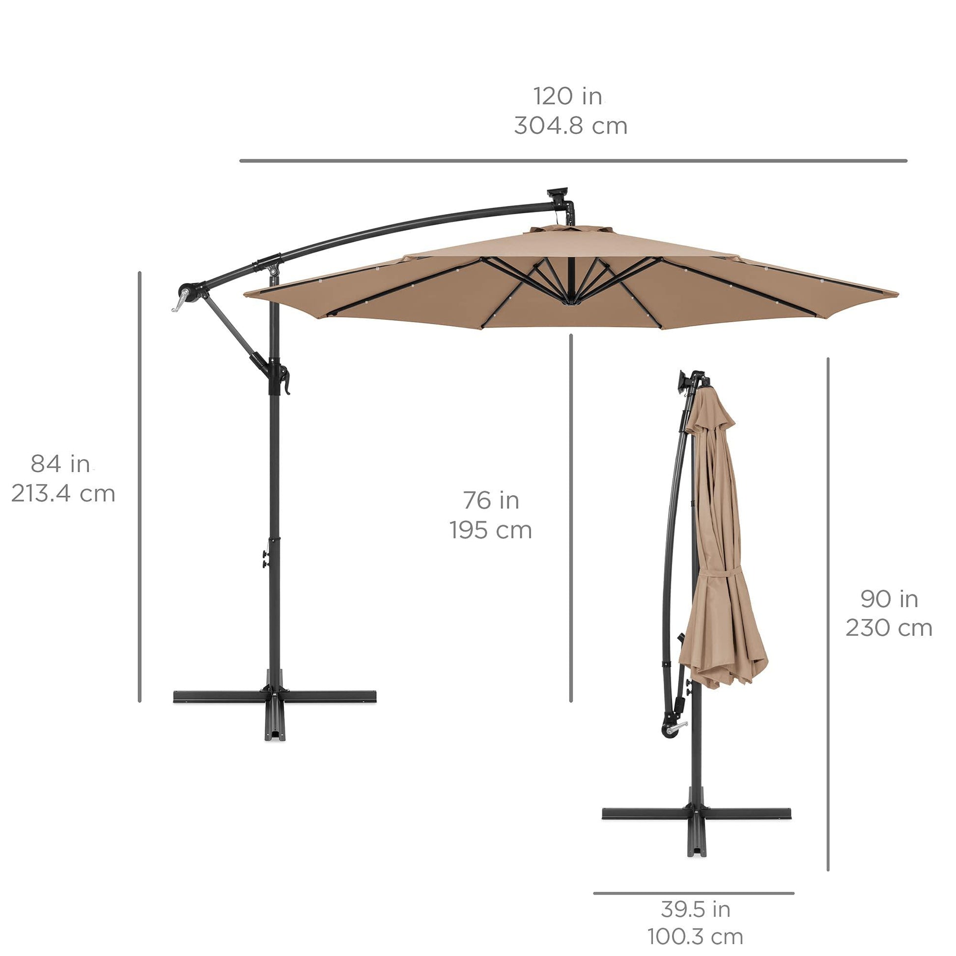 Best Choice Products 10ft Solar LED Offset Hanging Market Patio Umbrella for Backyard, Poolside, Lawn and Garden w/Easy Tilt Adjustment, Polyester Shade, 8 Ribs - Tan - CookCave