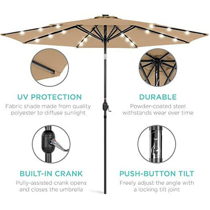 Best Choice Products 10ft Solar Powered Aluminum Polyester LED Lighted Patio Umbrella w/Tilt Adjustment and UV-Resistant Fabric - Tan - CookCave