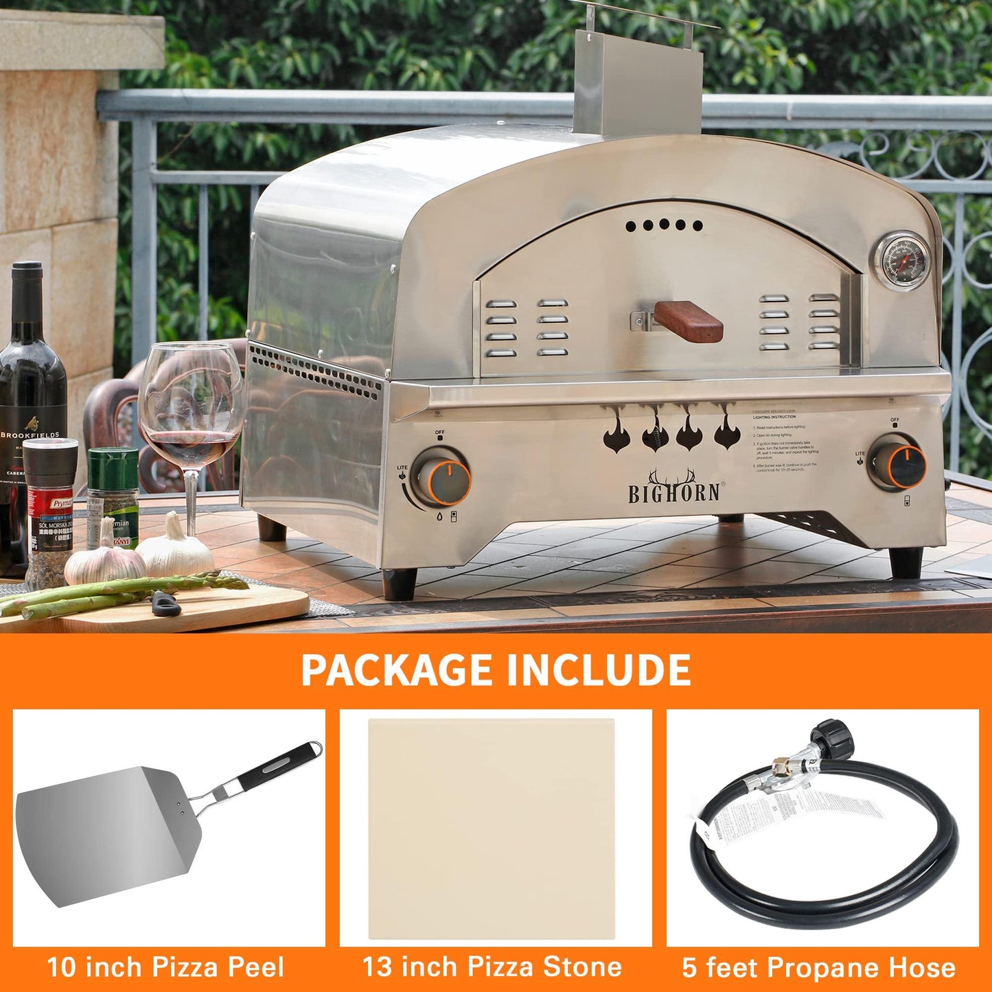 BIG HORN OUTDOORS Gas Pizza Oven, Portable Propane Pizza Oven with 13 inch Pizza Stone, Stainless Steel Pizza Maker for Outdoor Cooking - CookCave