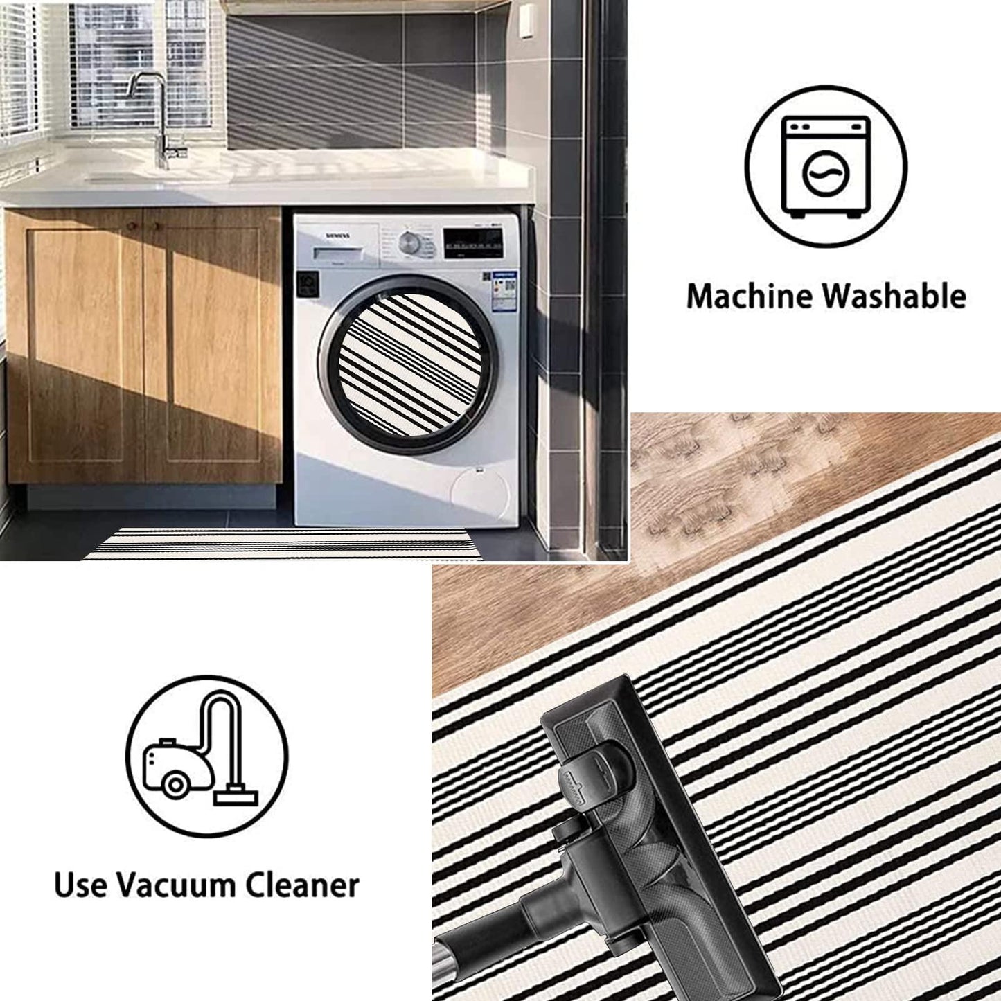 Black and White Striped Rug 24'' x 51''Outdoor Front Porch Rug Hand-Woven Machine Washable Indoor/Outdoor Layered Door Mats for Entryway/Bedroom/Outdoor - CookCave