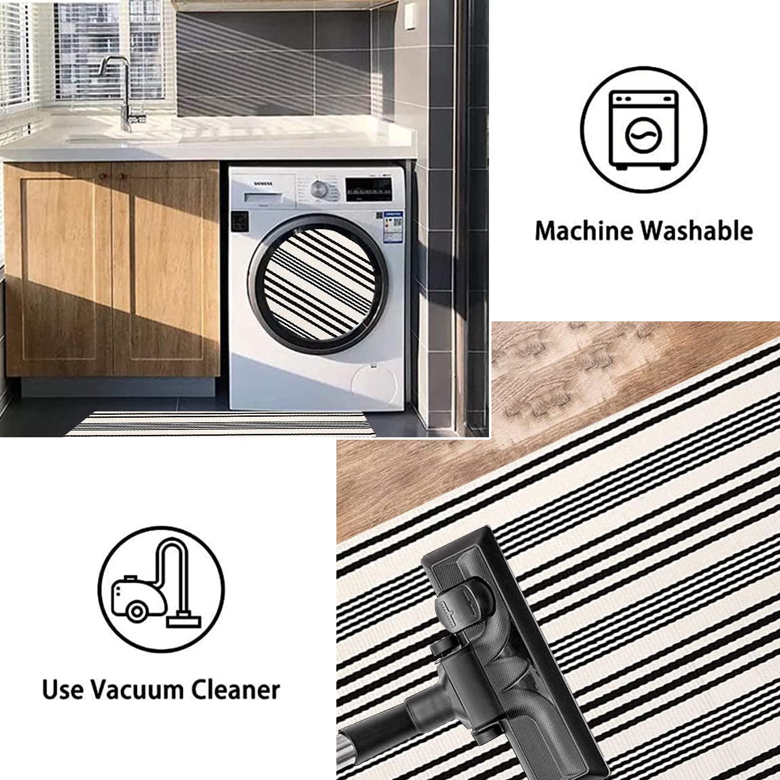 Black and White Striped Rug 24'' x 51''Outdoor Front Porch Rug Hand-Woven Machine Washable Indoor/Outdoor Layered Door Mats for Entryway/Bedroom/Outdoor - CookCave