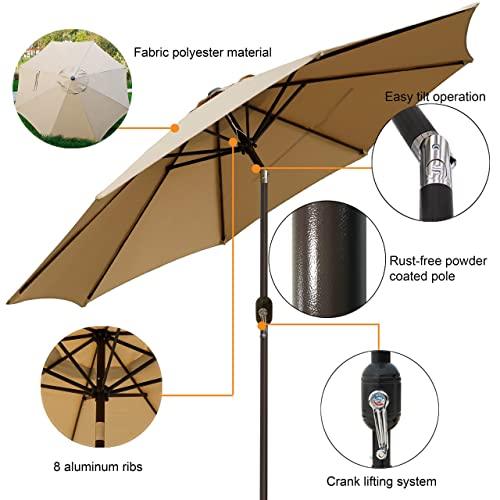 Blissun 9' Outdoor Market Patio Umbrella with Push Button Tilt and Crank, 8 Ribs (Tan) - CookCave