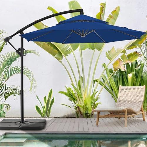 BLUU 10 FT Patio Offset Umbrella Outdoor Cantilever Umbrella Hanging Umbrellas, Fade Resistant Crank & Cross Base (Navy Blue, 10 FT-2Tiers) - CookCave