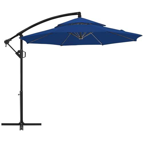 BLUU 10 FT Patio Offset Umbrella Outdoor Cantilever Umbrella Hanging Umbrellas, Fade Resistant Crank & Cross Base (Navy Blue, 10 FT-2Tiers) - CookCave