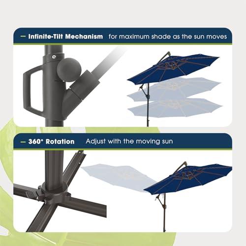 BLUU 10 FT Patio Offset Umbrella Outdoor Cantilever Umbrella Hanging Umbrellas, Fade Resistant Crank & Cross Base (Navy Blue, 10 FT-2Tiers) - CookCave