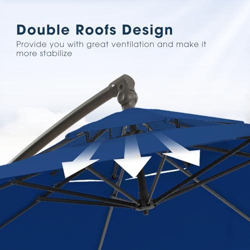 BLUU 10 FT Patio Offset Umbrella Outdoor Cantilever Umbrella Hanging Umbrellas, Fade Resistant Crank & Cross Base (Navy Blue, 10 FT-2Tiers) - CookCave